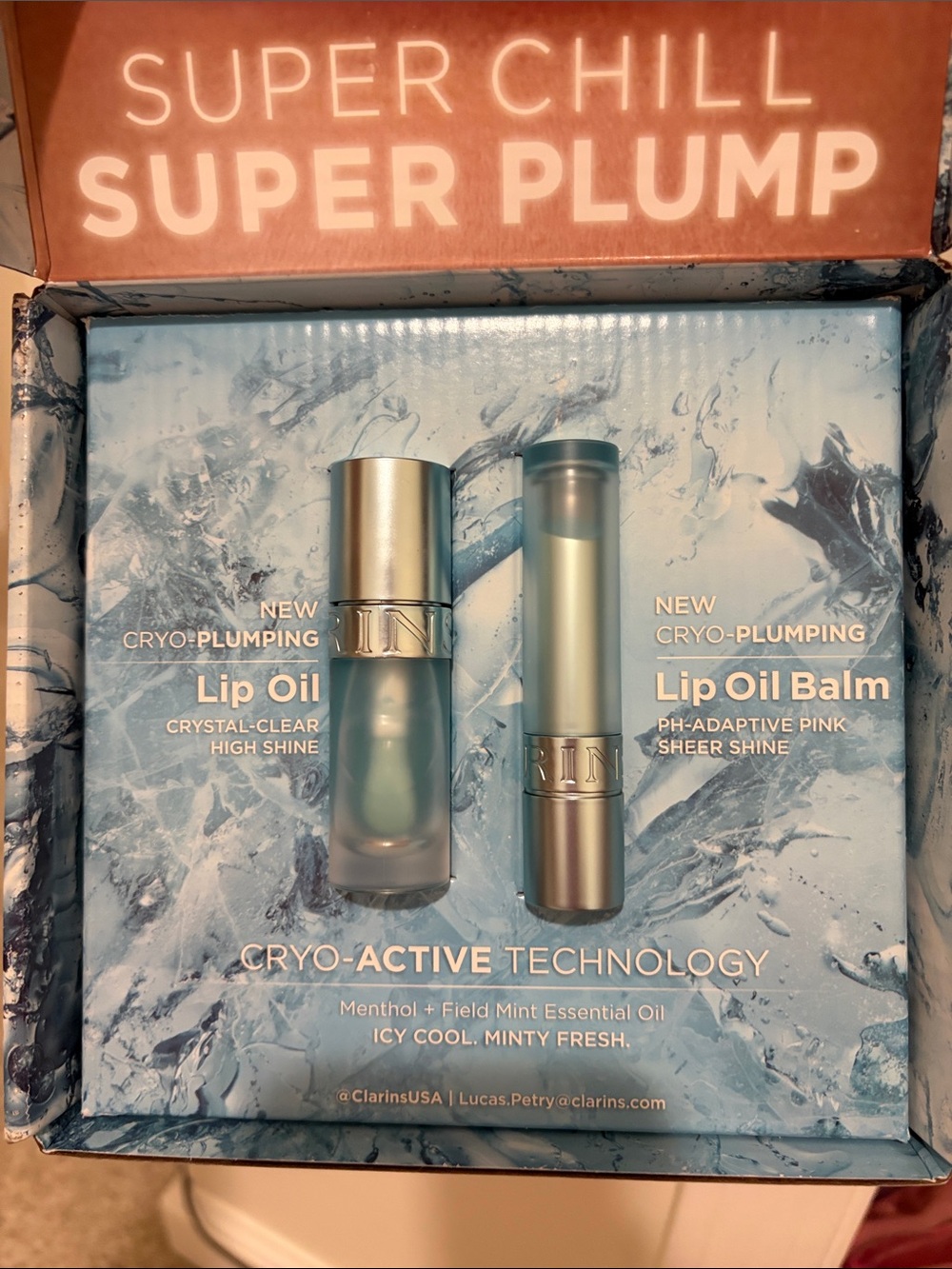 Clarins Lip Oil & Lip Oil Balm Set in Ice Blue and Silver